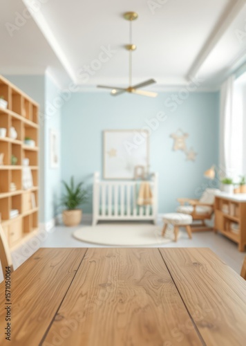 Empty wooden table with blurry baby room background for design and decoration concepts Empty room interior design architecture blank design room