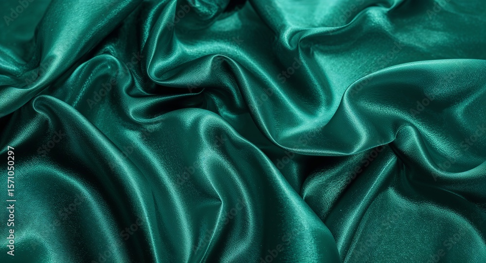 Fototapeta premium A close up shot of a draped piece of shiny emerald green satin fabric with soft folds and highlights