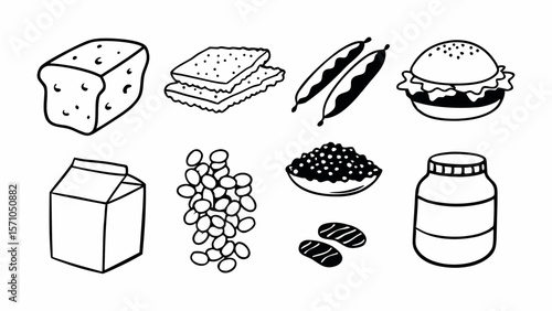 Collection of hand drawn food icons including bread beans and a burger