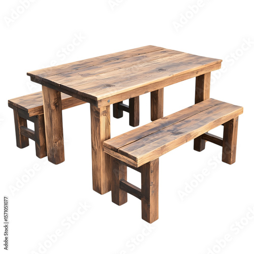 Rustic wooden picnic table and benches set isolated on white background