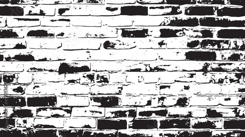 A black and white image showing a brick wall pattern with a distressed and textured appearance throughout