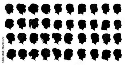 Rows of varied human head silhouettes showcase diverse hairstyles and age groups against a white background.