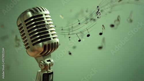 Old microphone showing musical lines and few musical notes from it