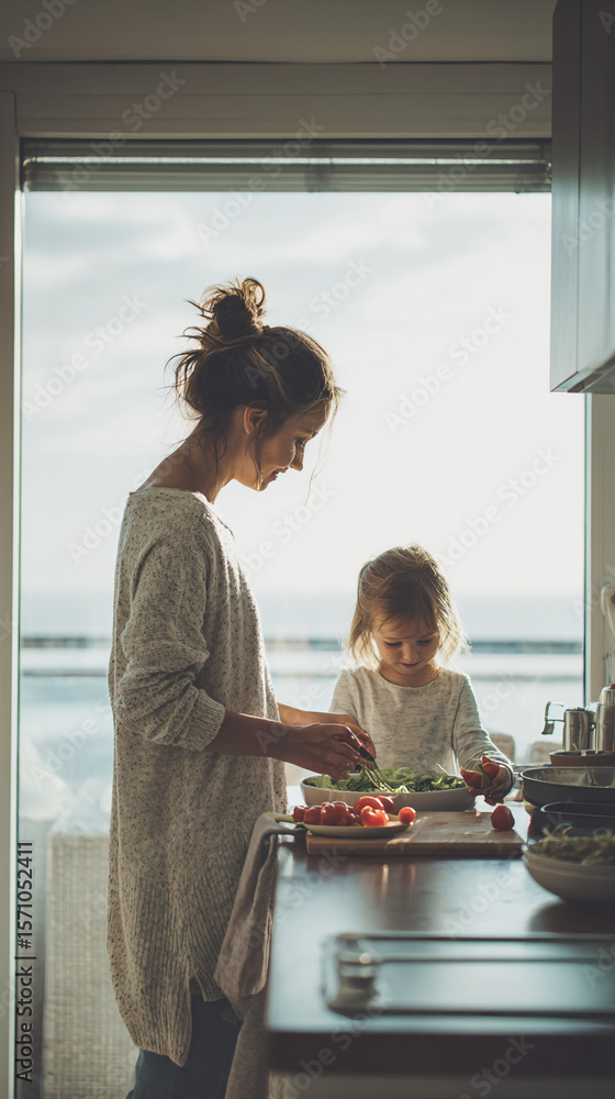 Obraz premium Mother and Daughter Cooking Together in Bright Kitchen