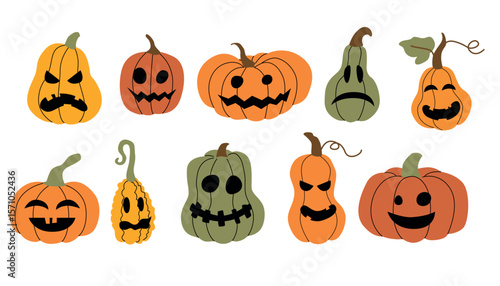 Set of colorful cartoon pumpkins and gourds with funny and spooky carved faces. Halloween clipart in flat style. Decorative autumn vegetables isolated on white background. Vector illustration