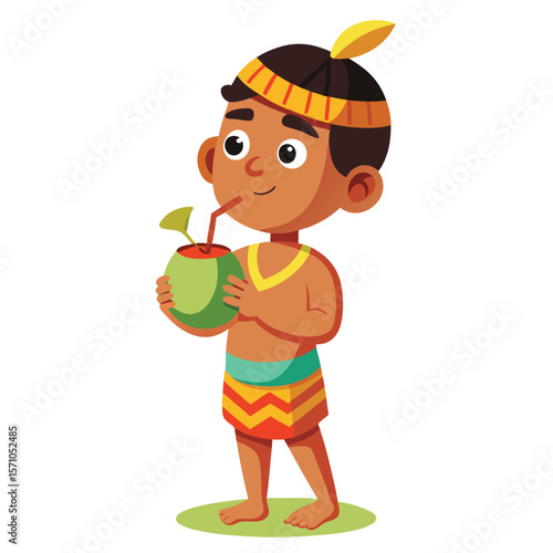 Indian boy drinking fresh coconut water, with a beach look, a symbol of summer, relaxation, and healthy refreshment, on a plain white background.
