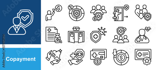 Copayment icon set with Deductible, Insurance premium, Prescription drugs, Emergency room, Primary care, Specialist, Outpatient.
