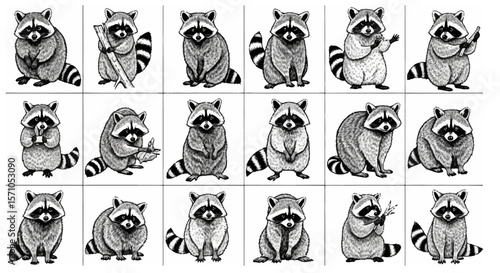 Charming collection showcases delightful raccoon sketches with different poses and activities, creating an engaging black and white compilation, silhouette