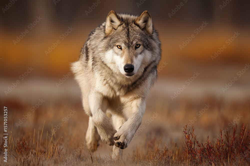 Fototapeta premium Gray Wolf Running Across Tundra Motion Blur in Sunlit Scene