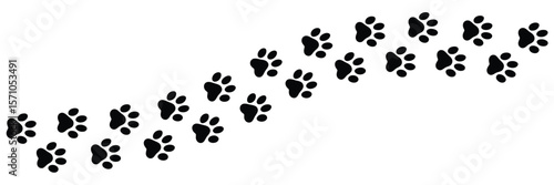 A black and white illustration of a line of dog paw prints