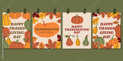 Set of Thanksgiving greeting cards with pumpkins, gourds, and autumn leaves. Festive fall illustrations in warm earthy tones. Perfect for seasonal decor, invitations, and holiday celebration themes