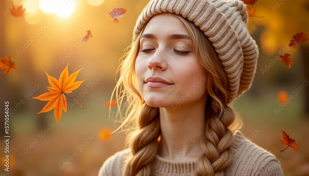 Fototapeta premium A young beautiful woman stands under bright foliage with her eyes closed, breathing in the fresh autumn scents. Thanksgiving concept
