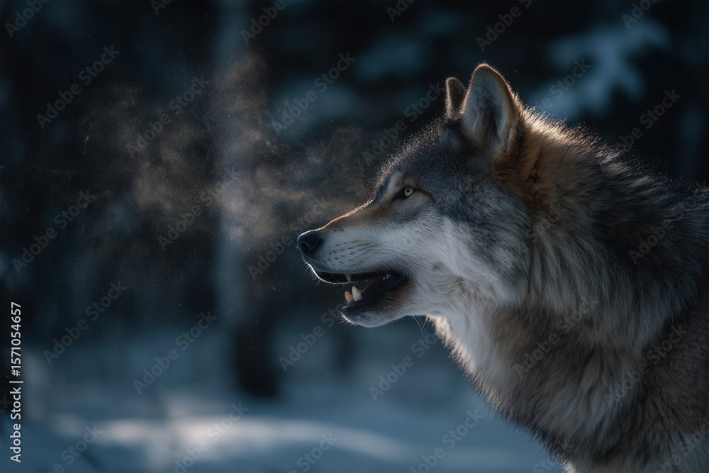 Naklejka premium A raw and powerful wildlife photography capturing a snarling gray wolf in a snowy forest, with visible breath and sharp fur textures perfect for dramatic animal imagery and nature publications.