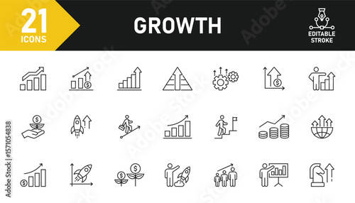Growth line icon set. Set of 21 outline icons related to growth, performance, gain, improvement, development, increase, evolution, goal achievement and others. Editable stroke. Vector illustration.