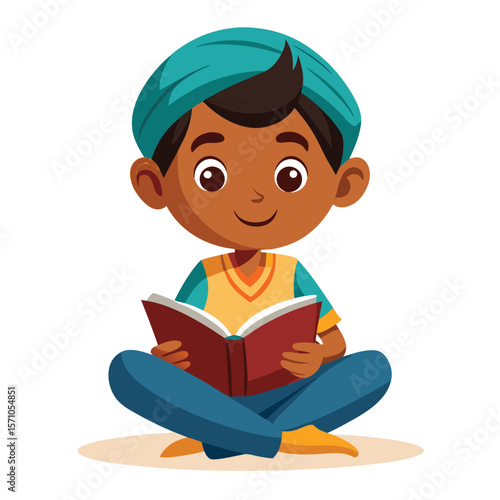Indian boy sitting cross-legged on the floor, reading a storybook, a symbol of imagination and early education, on a plain white background.