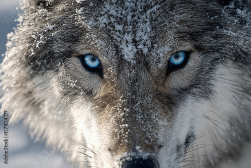 close up of a gray wolf in snowy landscape with piercing blue eyes