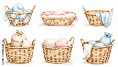 Set of assorted baby laundry baskets.