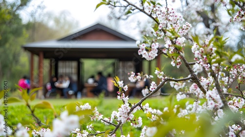 Blossoms in a garden tea house setting.