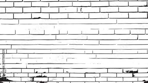 A black and white image depicting a brick wall with some damage and irregular mortar lines visible