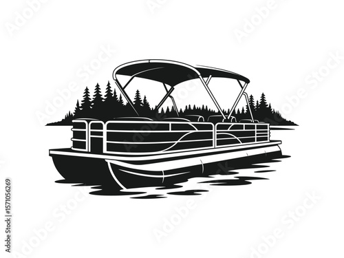 A black and white illustration of a pontoon boat on water