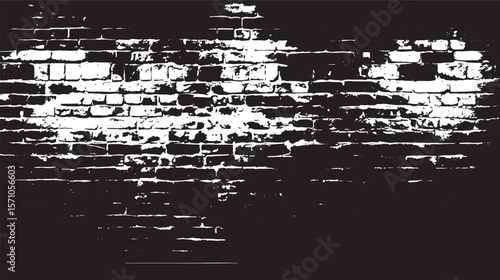 Monochrome illustration of a weathered brick wall with contrasting black and white tones and textures