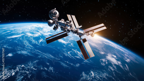 Fototapeta Naklejka Na Ścianę i Meble -  Futuristic space station orbiting Earth, illuminated by sunlight