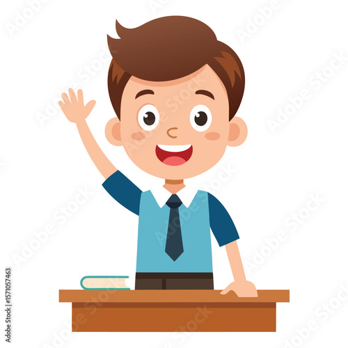A schoolboy raising his hand in a classroom, eager to answer a question, on a clean white background, for education, learning, and participation.