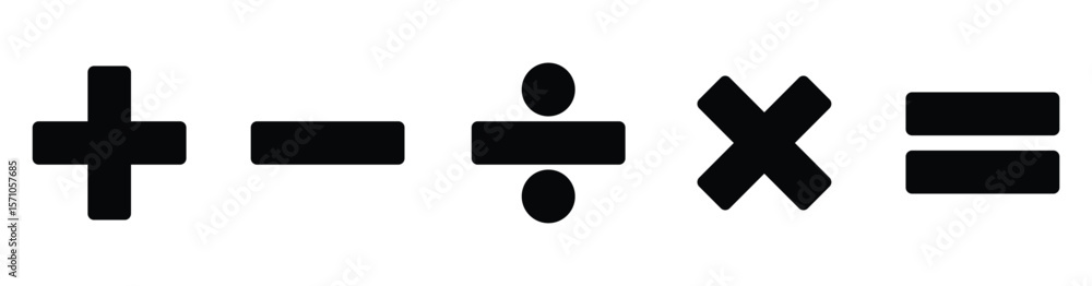Obraz premium Solid Black Math Symbols – Plus, Minus, Divide, Multiply, Equal Icons Isolated on White Background
