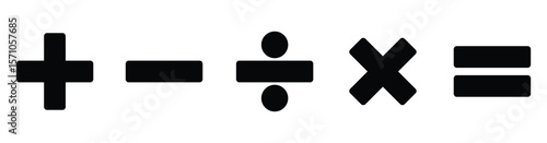 Solid Black Math Symbols – Plus, Minus, Divide, Multiply, Equal Icons Isolated on White Background