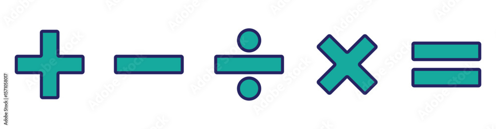 Fototapeta premium Flat Math Symbols Icon Set – Plus, Minus, Multiply, Divide, Equal Signs Isolated on White Background