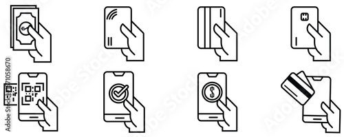 Digital Payment and Finance Icons Set – Line Style Icons of Mobile Transactions and Cards