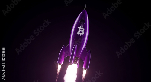 Isolated Sleek Purple Bitcoin Rocket Launching
