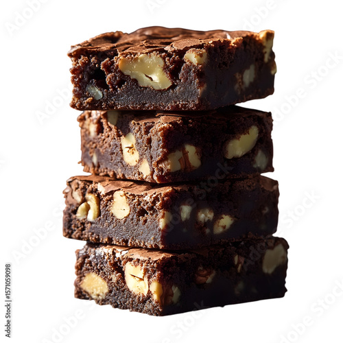 Stack of four rich chocolate brownies with walnuts isolated on white background