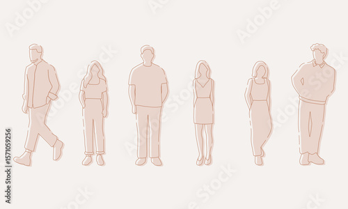 flat minimal people male and female vector illustration in spring summer clothing concept isolated set collection. Outline with silhouette shadow. For architecture, design, info graphic, media