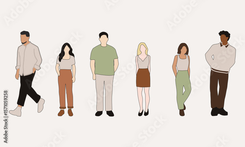 flat minimal people male and female vector illustration in spring summer clothing with outline concept isolated set collection. For architecture rendering, graphic design, info graphic, media