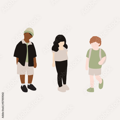flat minimal children male and female vector illustration in summer spring clothing concept isolated set collection. For architecture rendering, graphic design, info graphic, media