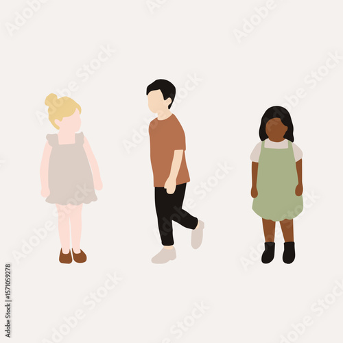 flat minimal children male and female vector illustration in summer spring clothing concept isolated set collection. For architecture rendering, graphic design, info graphic, media