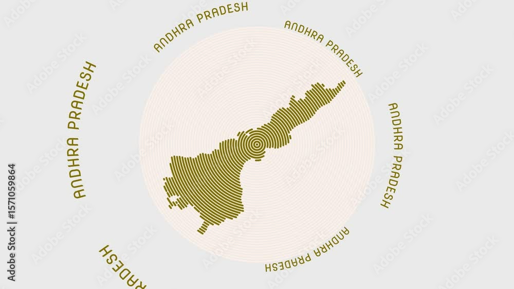 Andhra Pradesh shape with dynamic circles visual effect. Animation of Andhra Pradesh logo appearing from rotating rings and State name around the shape. Intro, opening, closing, logo video.