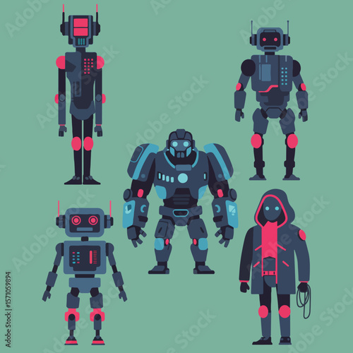 set minimalist geometric flat vector design of cyberpunk style robots