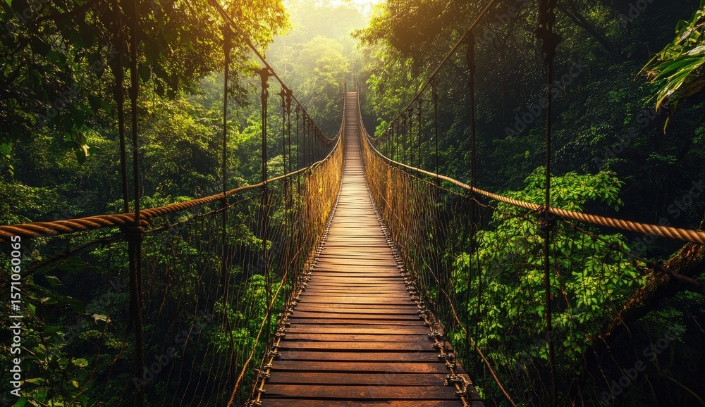 Fototapeta premium Enchanted Nature Trail with Hanging Wooden Bridge