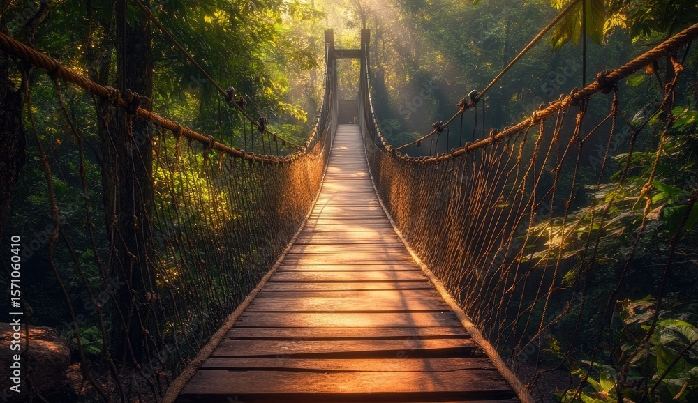 Fototapeta premium Suspended Wooden Bridge Among Trees with Sunlight