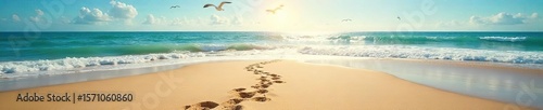 Sun-Drenched Beach Scene Tire Tracks Leading to Turquoise Ocean Waves, Seagulls Soaring Overhead on a Perfect Summer Day