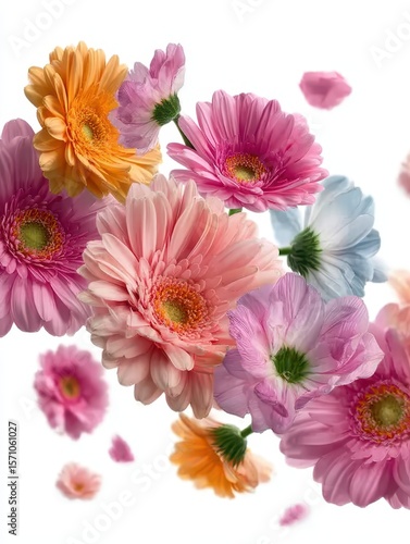Gerberas and other beautiful flowers in air on white background