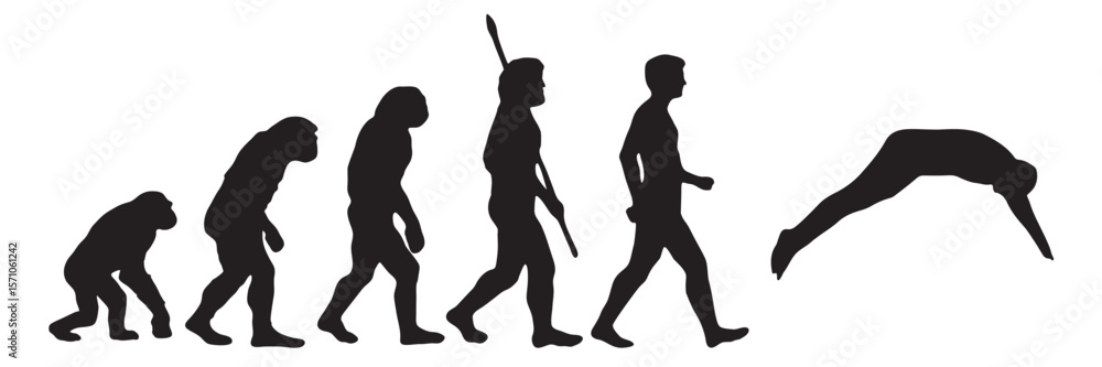 Evolution of the human from Darwin to the swimming. Silhouettes with the different steps of evolution. vector illustration Evolution of the human from Darwin to the swimming. Silhouettes with the different steps of evolution. vector illustration
