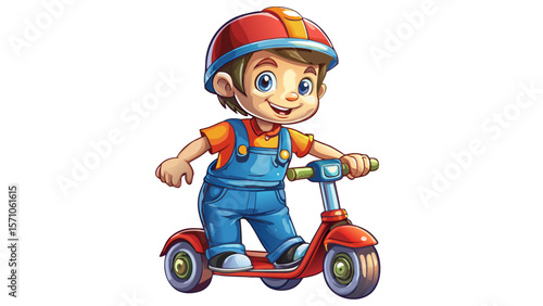 A happy boy character in overalls rides a colorful scooter, arms stretched for balance. His 3D figure casts a gentle shadow, and his helmet gleams under soft gradient lighting. The movement in his pos