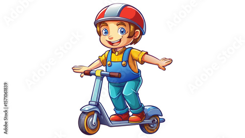 A happy boy character in overalls rides a colorful scooter, arms stretched for balance. His 3D figure casts a gentle shadow, and his helmet gleams under soft gradient lighting. The movement in his pos