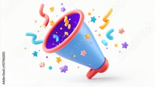Party popper with explosion confetti. Birthday surprise. Megaphone with holiday news and events.