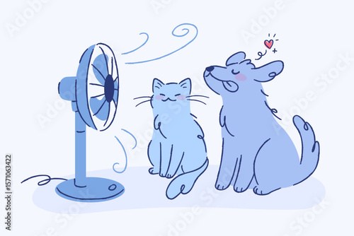 A cat and a dog enjoying the breeze from an electric fan. A concept illustration of pets enjoying summer.