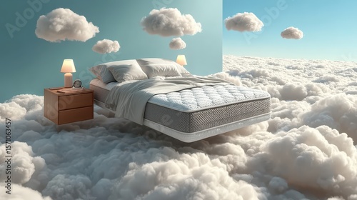Advertising - testimonial photo of floating mattress in clouds