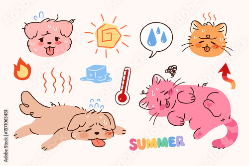 A cat and a dog on a hot summer day. Pets suffering from the heat wave.